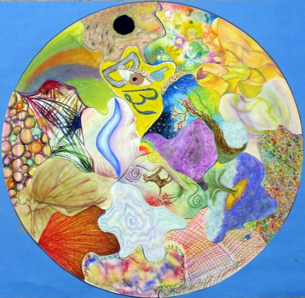 A round mandala artwork by Amy, made of colorful mixed-media patterns