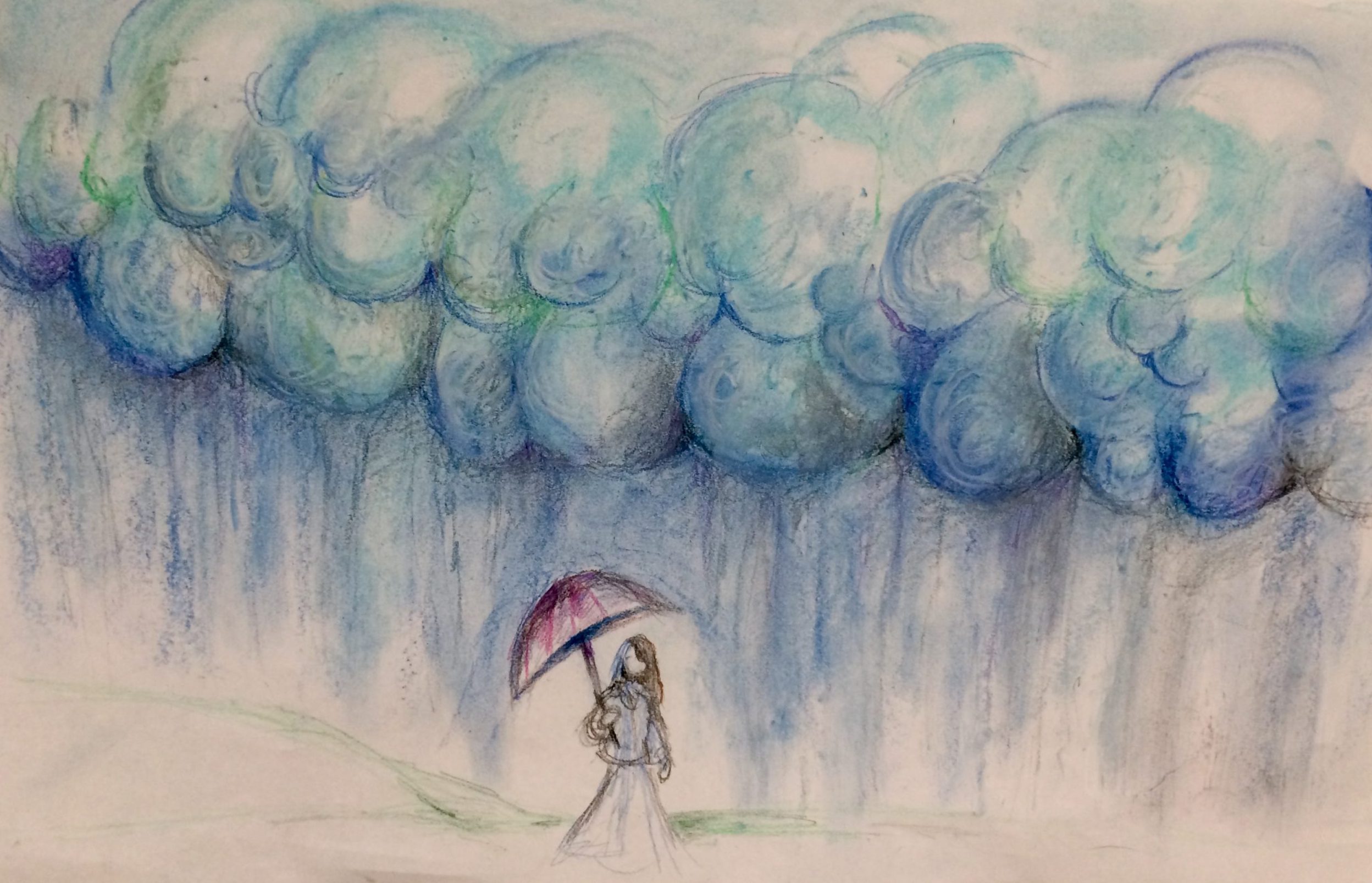A pastel drawing by Amy of a figure with an umbrella walking beneath soft rain clouds